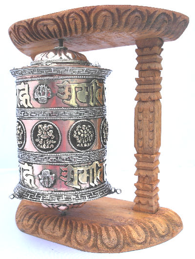 Large Metal Prayer Wheel with Natural Wood Frame -W0525